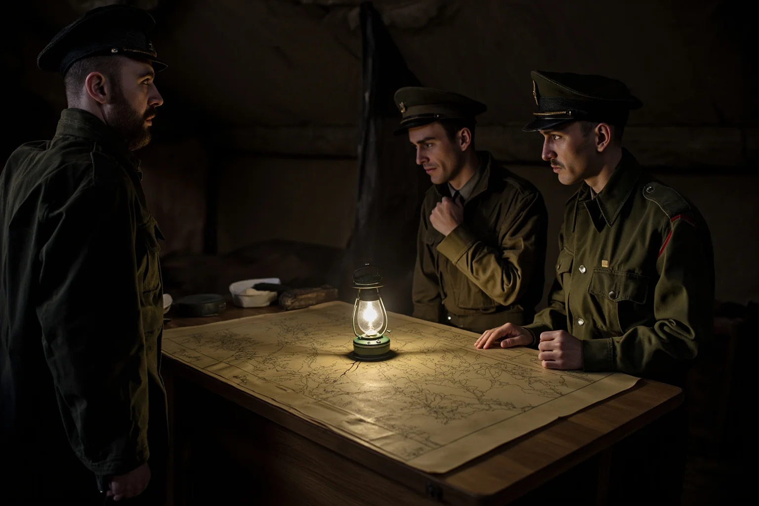 Mid-20th-century military staff officers around a large map table, field tent interior, dim lantern light