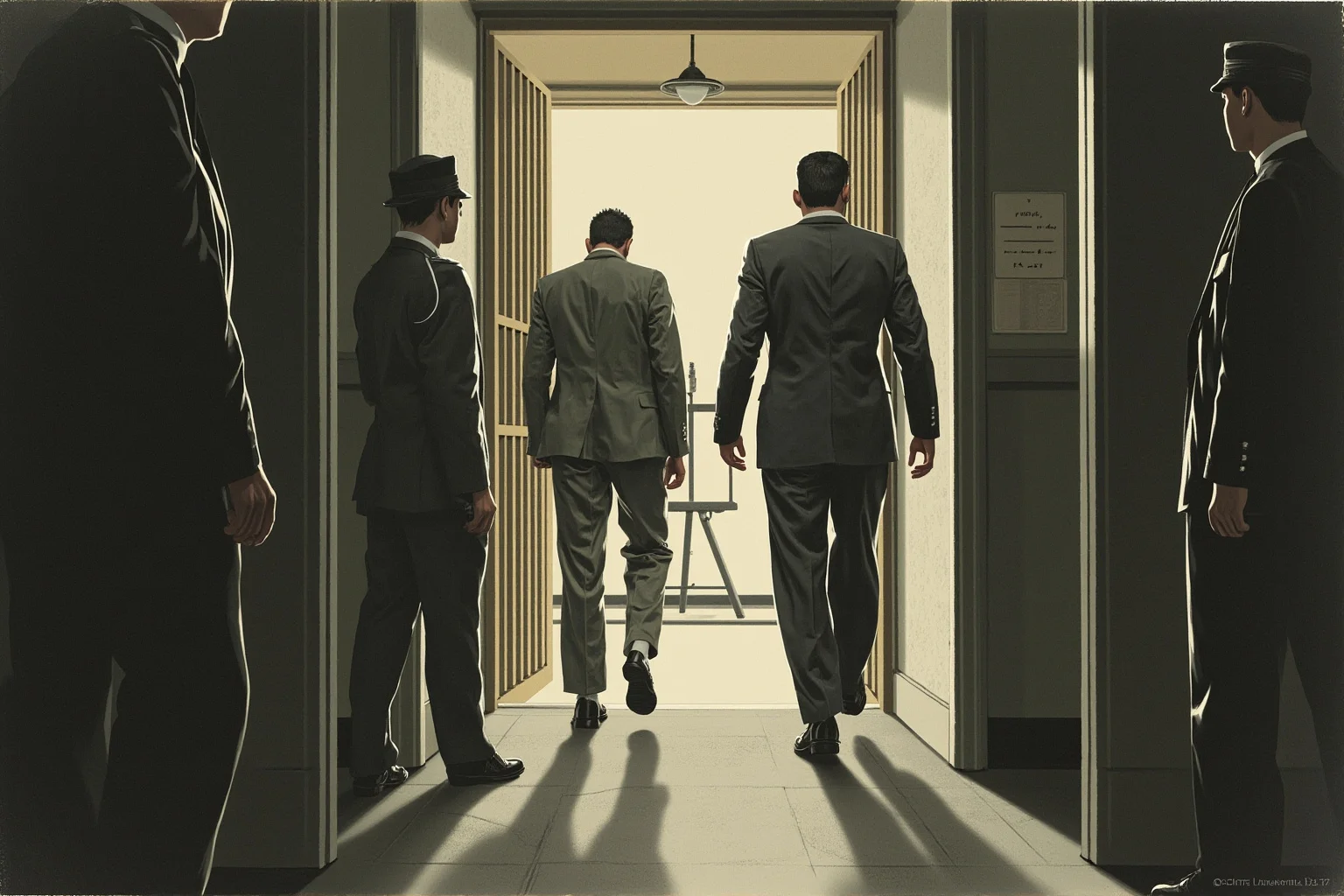 Executions Gone Horribly Wrong: 28 Botched Executions That Shocked History 17 Mid-century American prison corridor illustration, a young man in a prison uniform walking between guards, an electric chair visible through an open door, muted palette.
