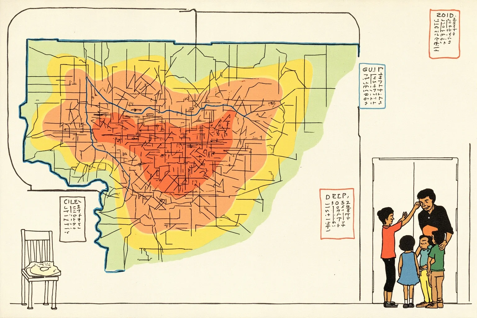 Mid-century illustration of a neighborhood map with colored zones representing redlining and a family looking at a closed door
