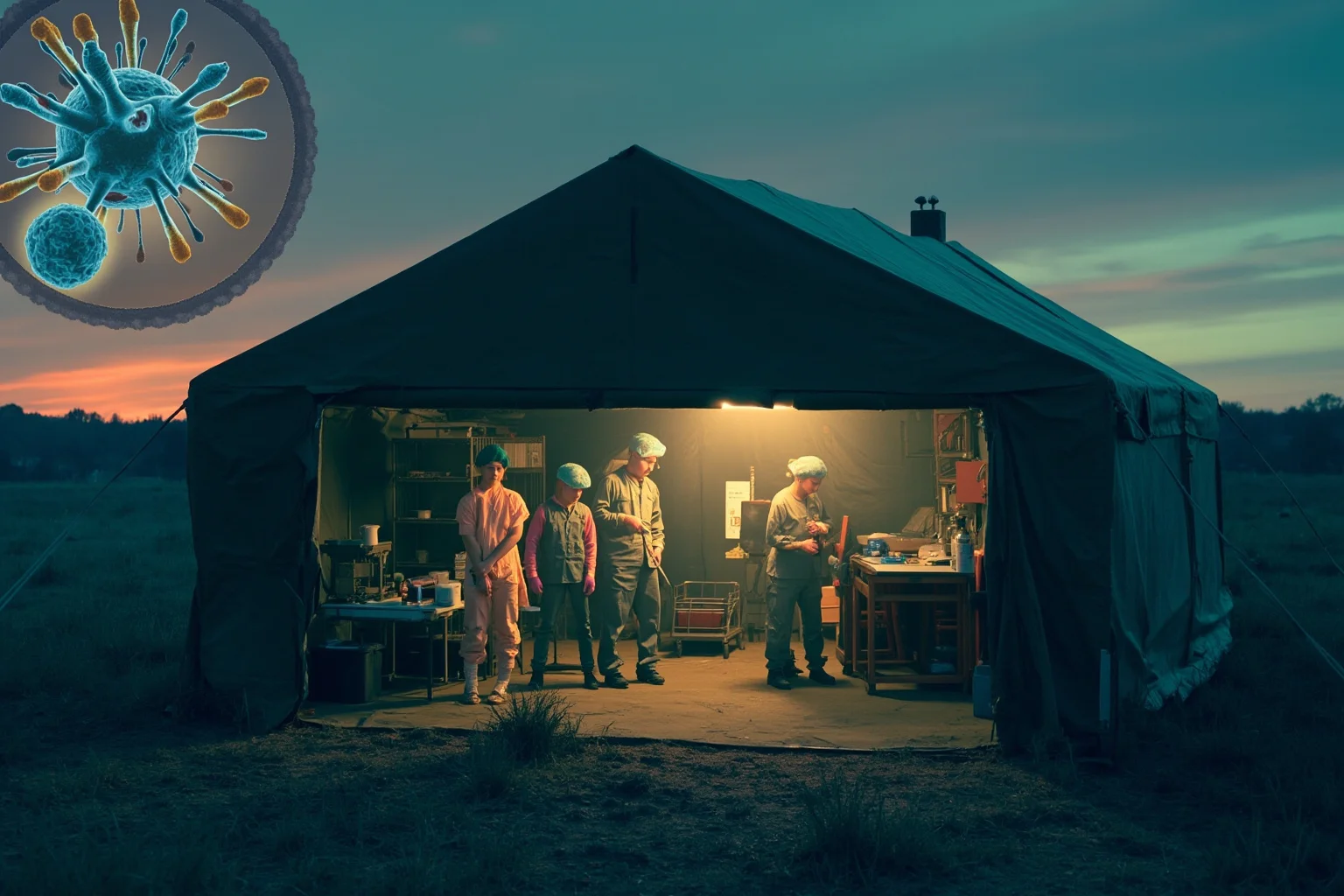 Military field hospital tent at dusk with medical staff and equipment, subtle microscopic bacteria overlay, illustrative style