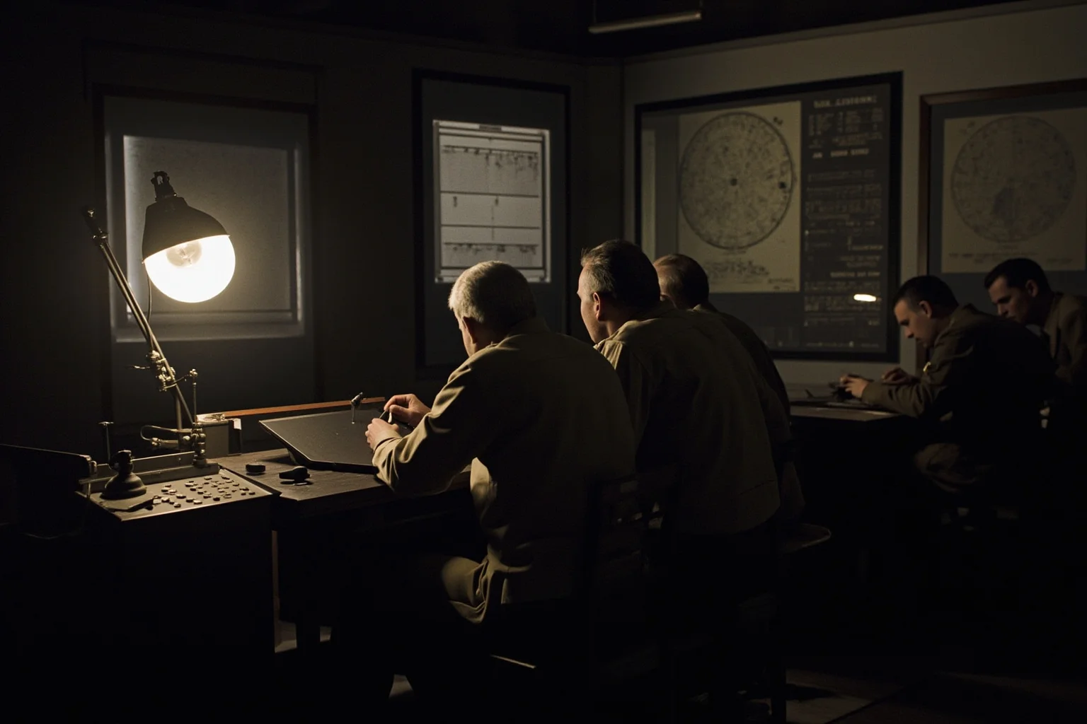 The Turning Point? 20 Facts About the Battle of Normandy 5 Military meteorologists in a 1944 command room studying weather charts and barometers by lamplight before a major decision