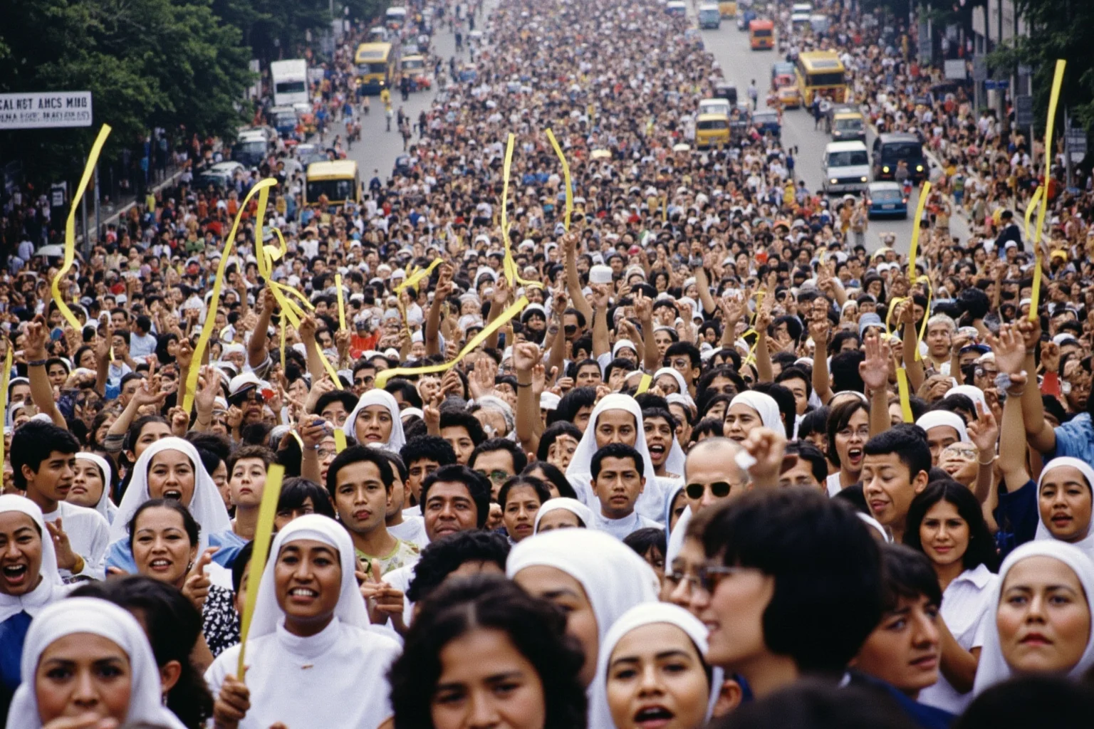 21 Times Governments Were Overthrown by the People 12 Millions of Filipinos on EDSA highway during the 1986 People Power Revolution, yellow ribbons, nuns and civilians, peaceful crowd.