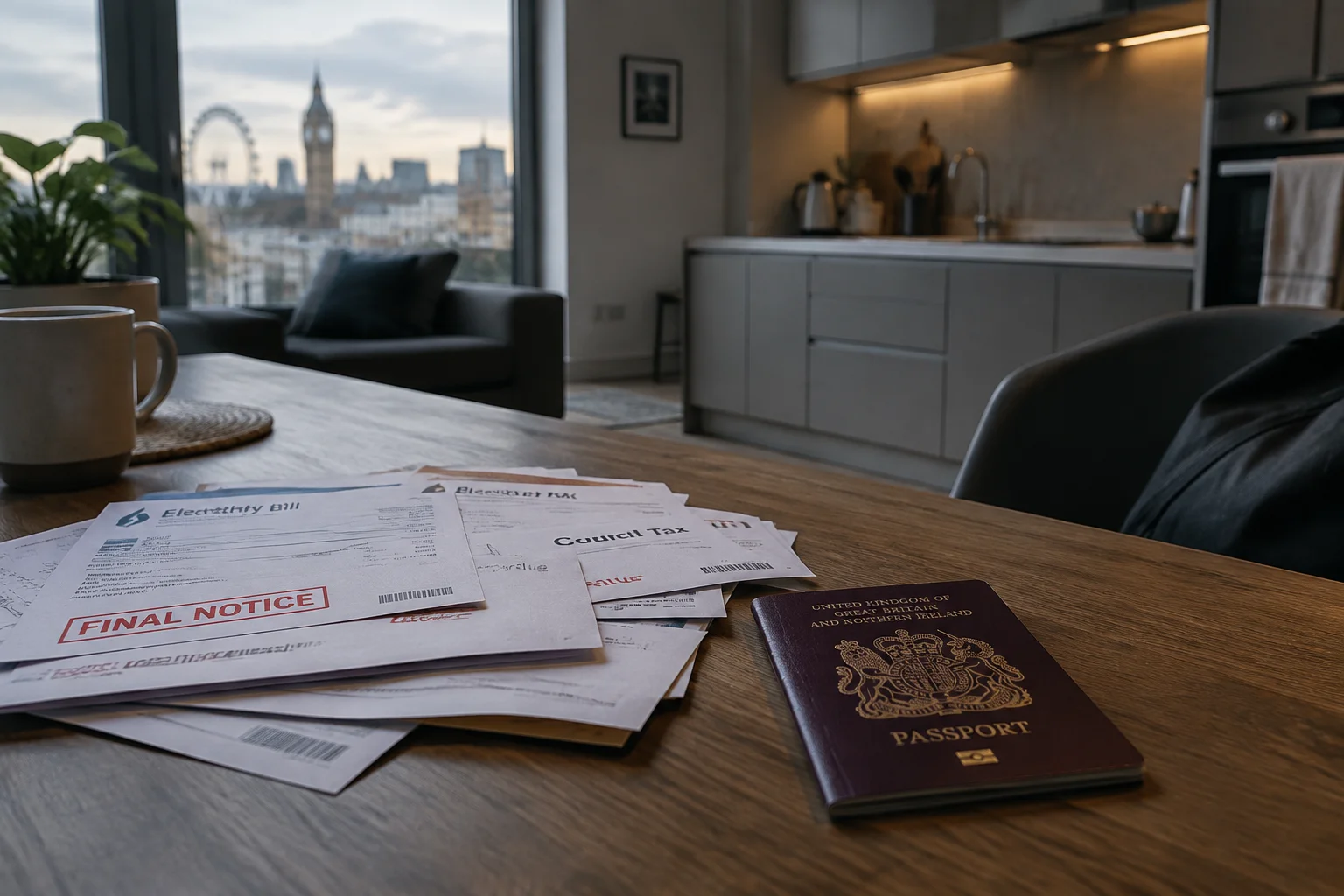 Modern British apartment with bills and a fake passport on a kitchen table, muted colors, hinting at debt escape