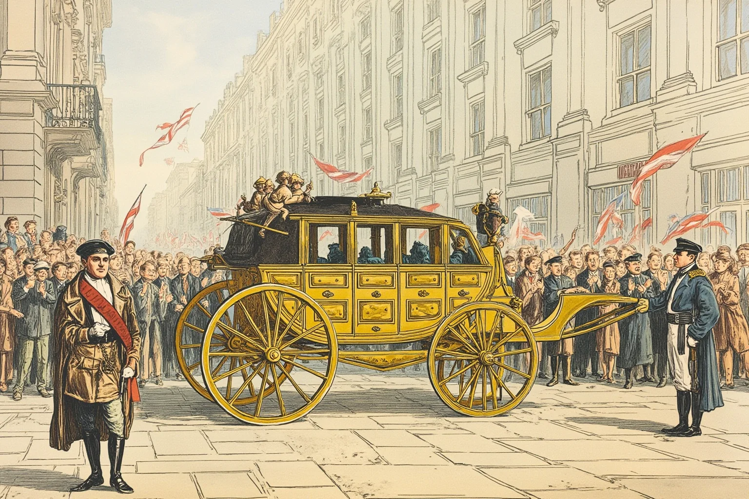 Modern ceremonial scene of a golden state coach on a London street with cheering crowds waving flags, illustrated, no identifiable faces