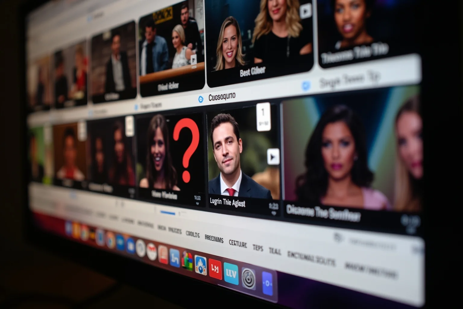 Modern computer screen with viral video thumbnails and a red question mark over a celebrity interview clip, digital culture mood