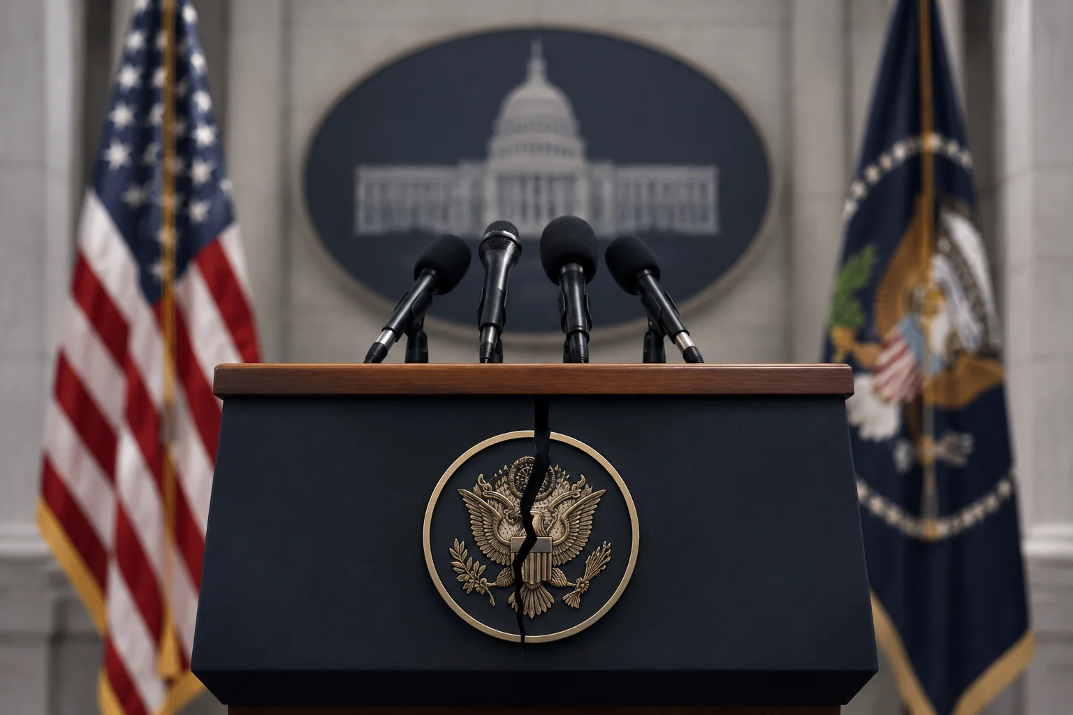 Modern government building press podium with microphones and a blurred flag backdrop, neutral newsroom lighting, symbolic political betrayal theme, no people