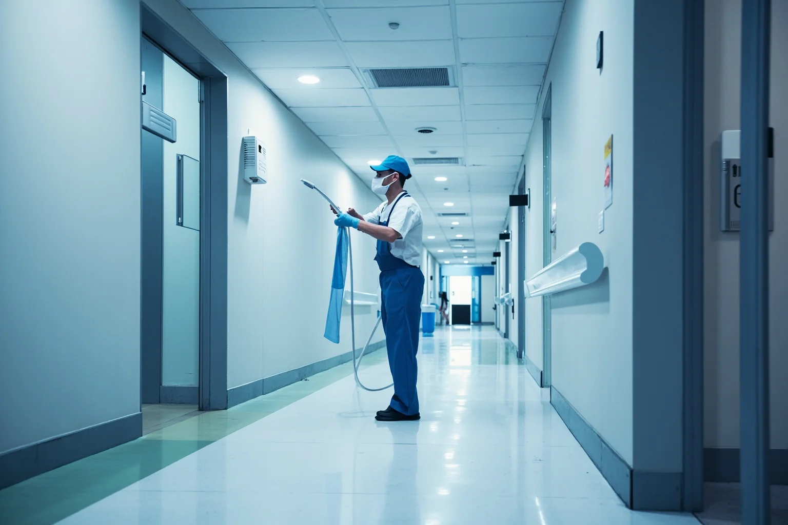 Modern hospital corridor with a cleaning staff member wiping surfaces, microscopic spores illustrated in a corner