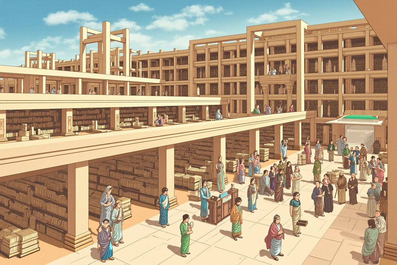 The History Behind the World's Oldest Library 3 Modern reconstruction of the Library of Alexandria with scrolls and scholars in togas, Mediterranean architecture, historical illustration.