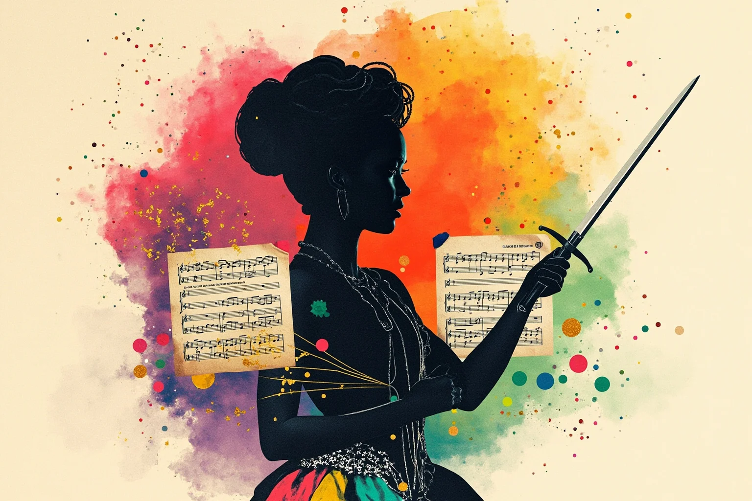 Modern-style collage illustration of a baroque swordswoman silhouette with a rapier and opera score pages, rainbow-toned watercolor background, celebratory mood
