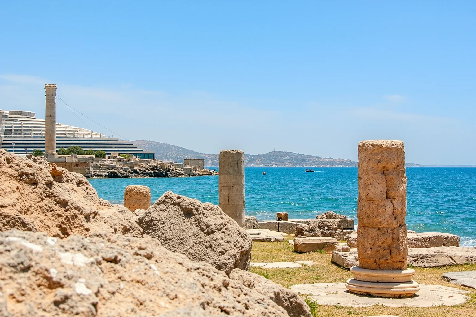 Modern view of the Bibliotheca Alexandrina beside the Mediterranean with ancient columns and Pompey's Pillar in the foreground, bright daylight, travel photography style