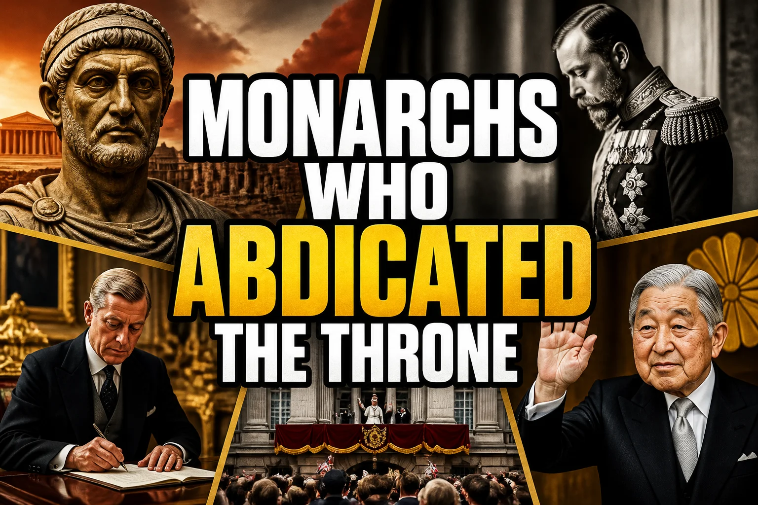 A bold, high-impact blog featured image in the style of a professional YouTube thumbnail or documentary poster. Create a dramatic photo-collage montage of 3-5 distinct historical scenes, subjects, or artifacts directly relevant to "Monarchs Who Abdicated the Throne: 29 Royal Exits, From Diocletian to Akihito" — vivid, cinematic documentary-photography style, rich color grading, high contrast, dynamic diagonal composition blending the scenes together. Overlay a large, bold, stacked headline of text on top reading exactly: "MONARCHS WHO ABDICATED THE THRONE". Render the headline in a heavy, condensed, high-contrast font with a black outline/stroke for legibility, mixing white text with a single vibrant accent color (gold, red, or orange) on the most important word or phrase for emphasis, spelled correctly. The headline text must be the dominant visual element — large, bold, and easy to read even at small thumbnail size. Vibrant, punchy, professional commercial photography and graphic-design composition. 16:9 landscape. Keep the headline text within the vertical center safe zone, away from the very top and bottom edges of the frame, since the image may be cropped afterward. No watermarks, no logos, no extra captions or invented text beyond the headline itself.