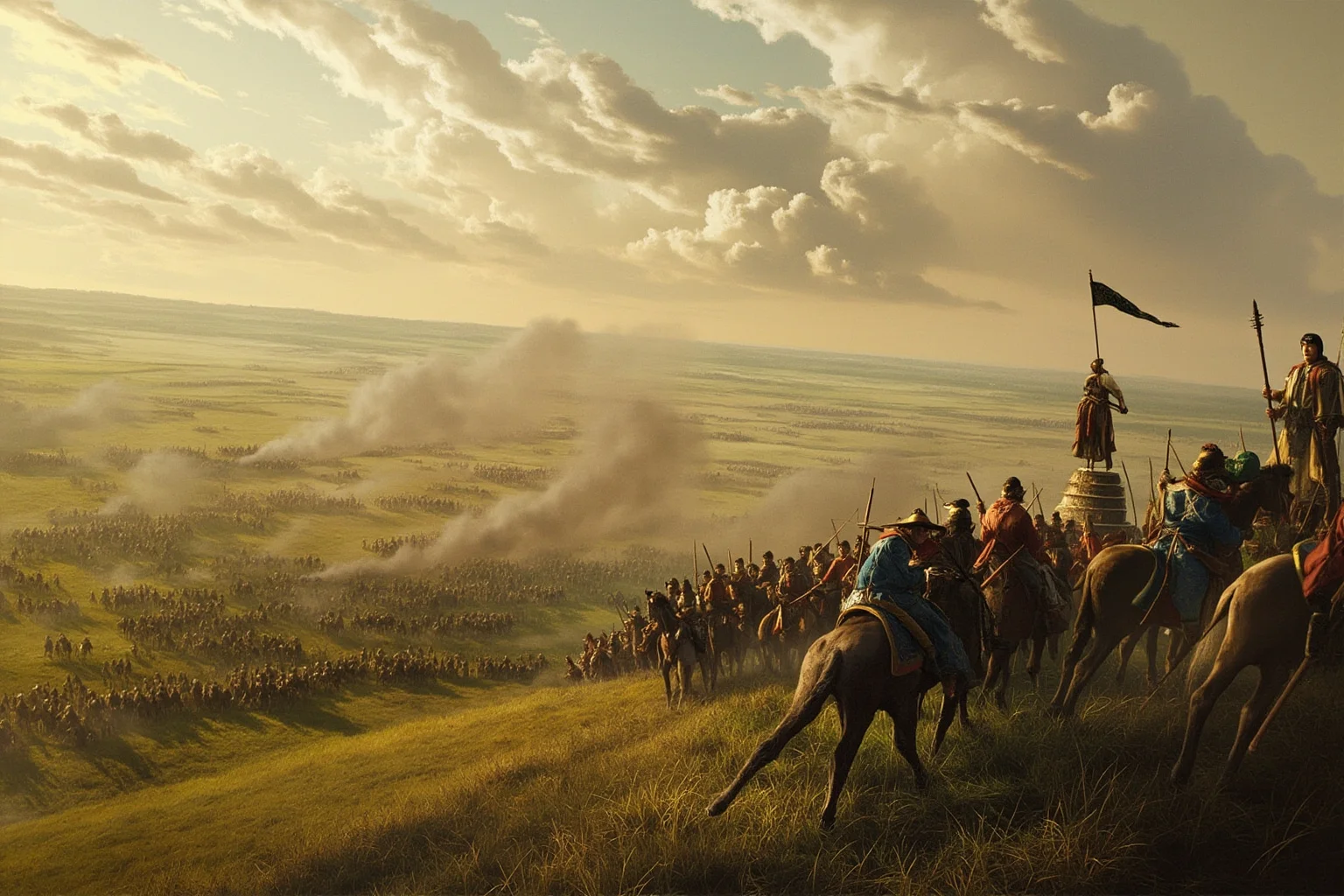 Mongol army converging from multiple directions on a grassy plain, scouts on a ridge, wide strategic view