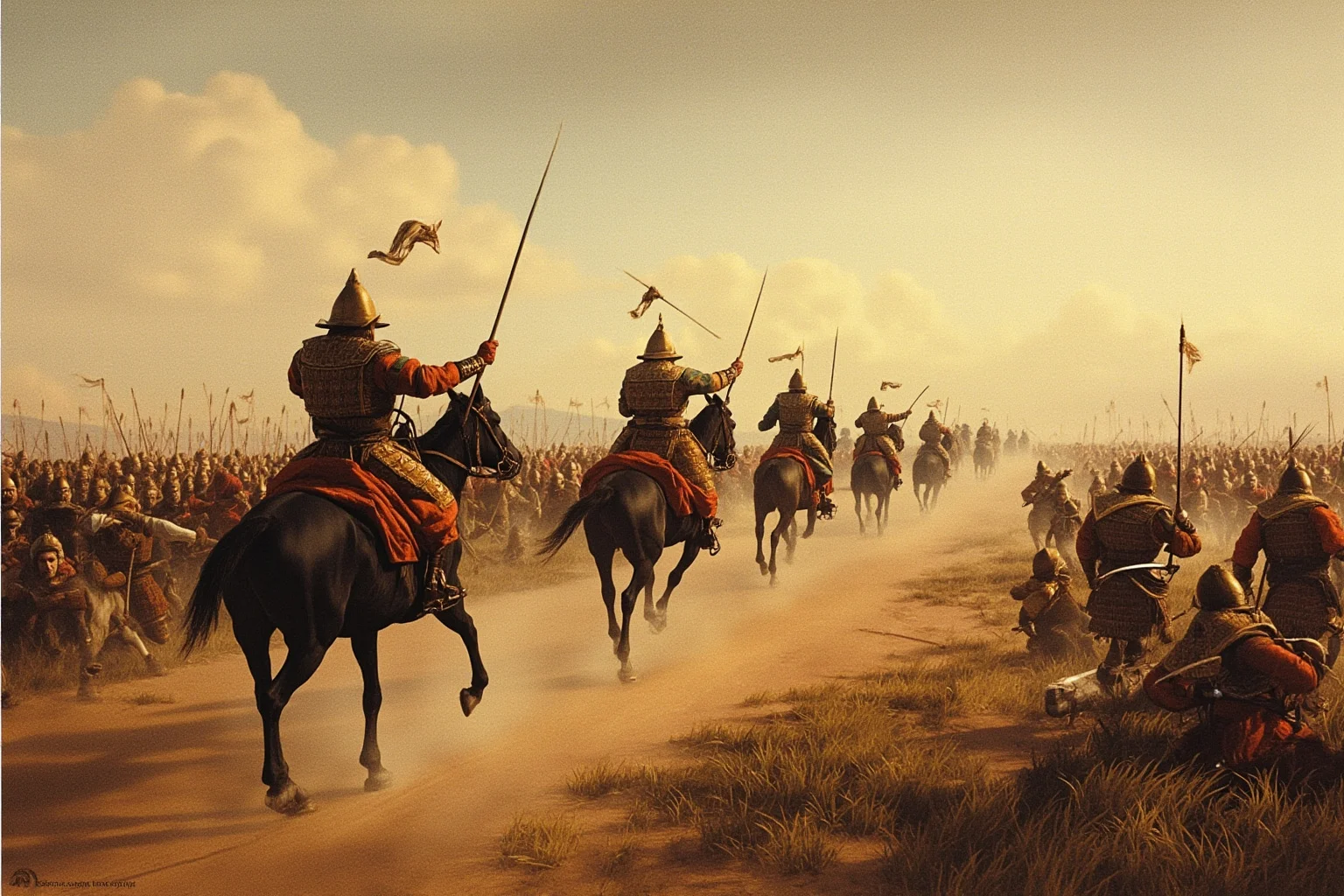 Military Tactics That Seemed Brilliant: 20 That Were Pure Desperation 22 Mongol cavalry feigning retreat across the steppe, enemy soldiers pursuing into a trap, dramatic wide-angle historical illustration