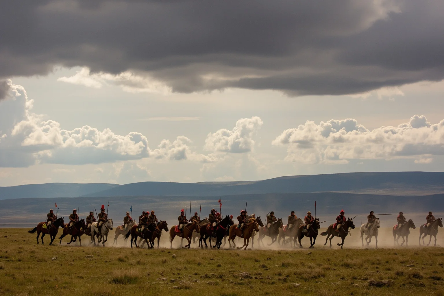 Mongol horsemen in coordinated columns across open steppe, distant hills, dramatic cloudscape
