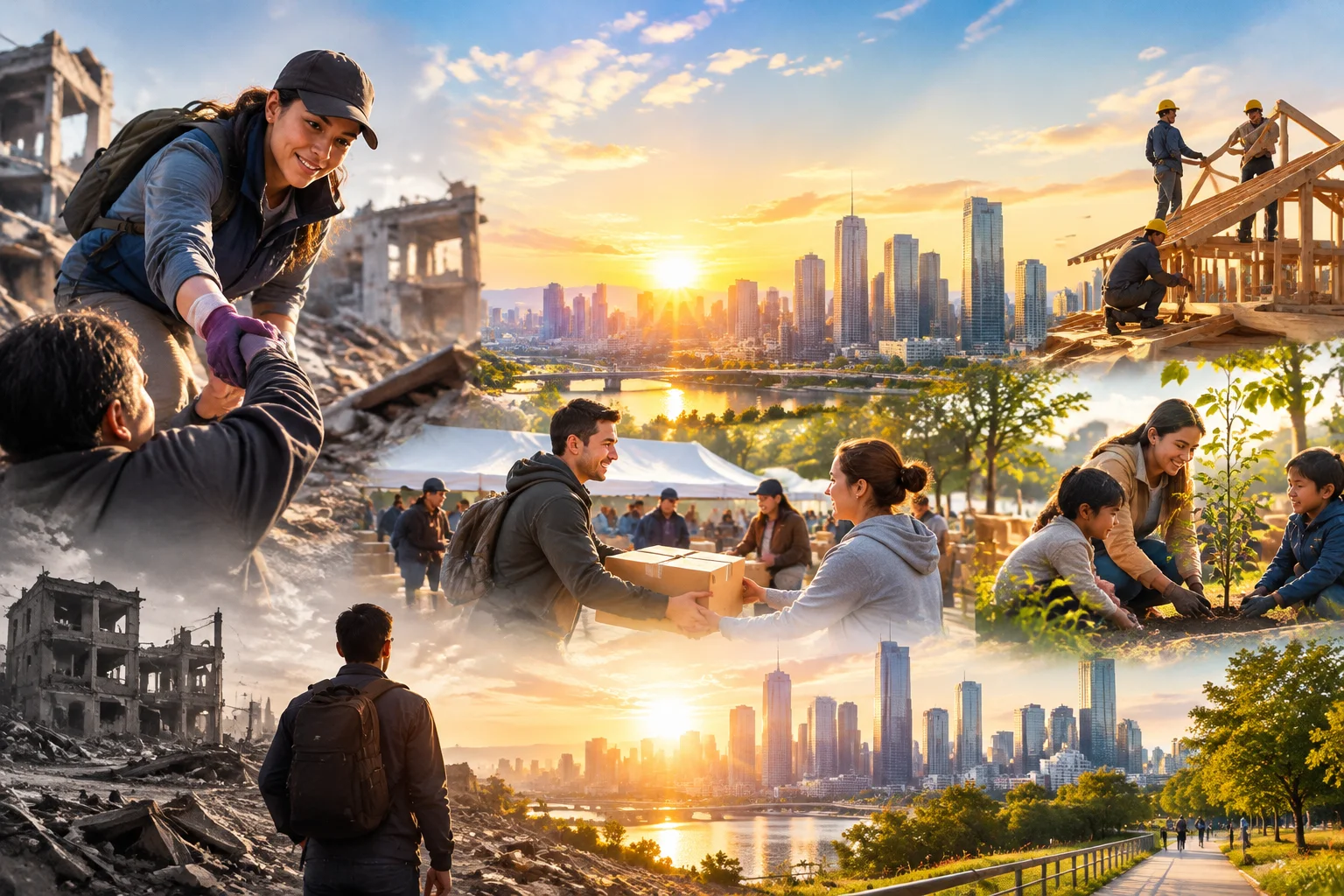 Montage-style illustration of humanity rebuilding after crisis, sunrise over a city, hopeful tone