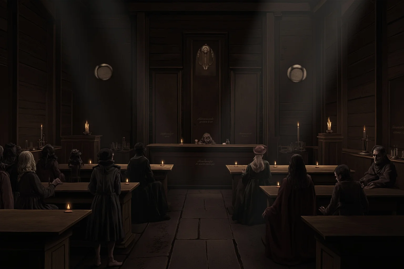 Moody historical illustration of a 17th century witch trial courtroom with candlelight, somber atmosphere, no graphic violence, no text