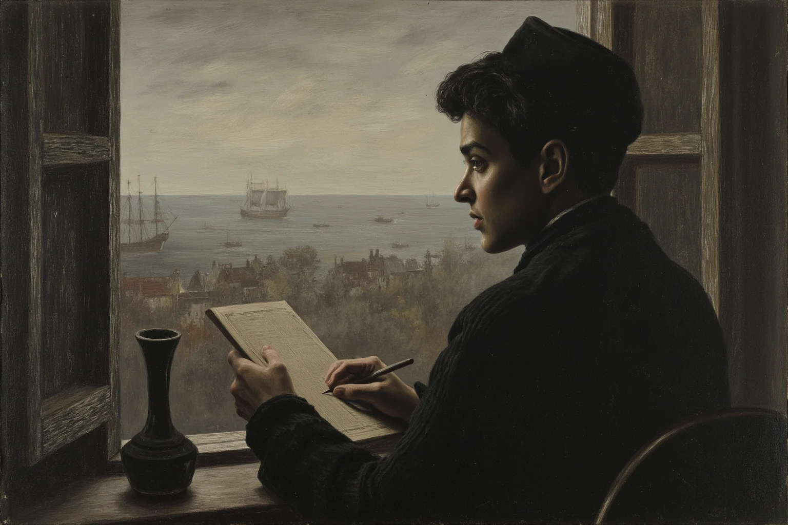 Charles Farrar Browne: America's First Stand-Up Comedian 13 Moody illustration of a sickly Victorian writer by an open window in a seaside town, gray sky and distant ships, no identifiable face, painterly historical style