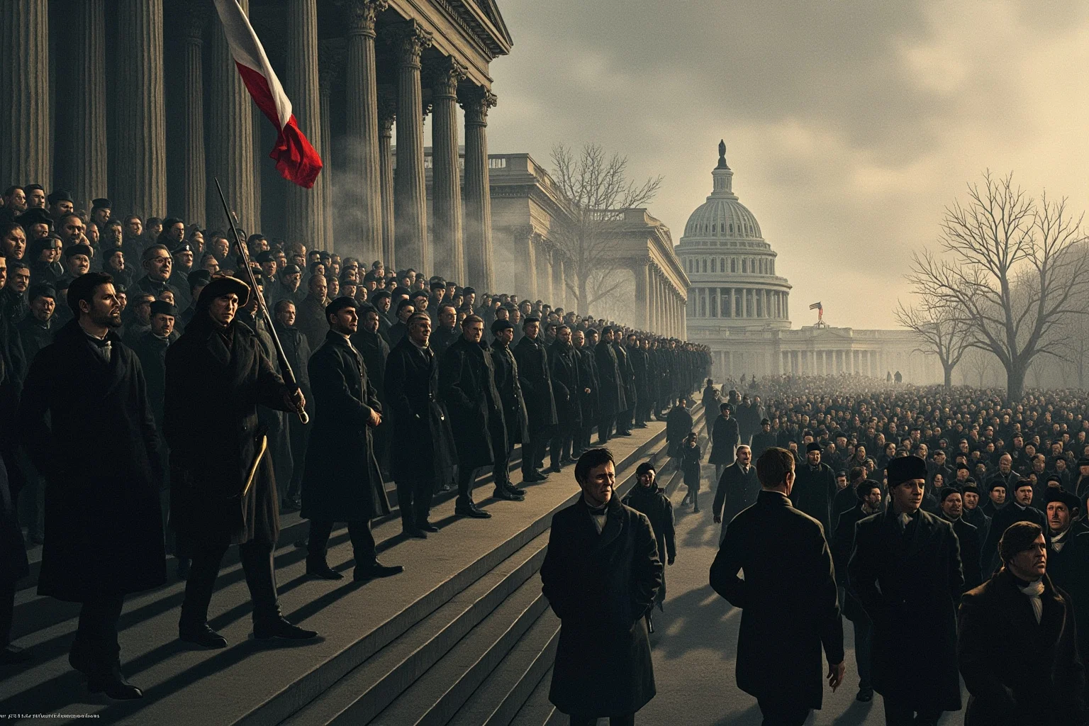 Moody illustration of an 1841 inauguration scene on a cold gray day with a crowd in overcoats on the Capitol steps, hazy winter light