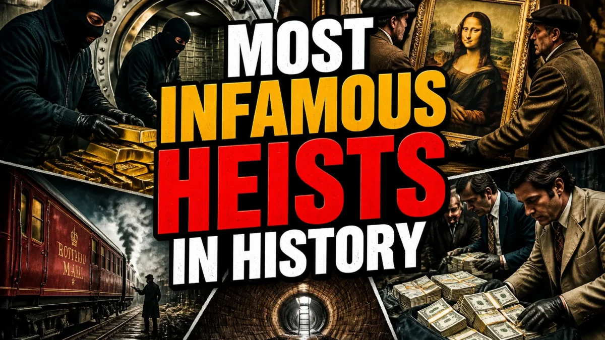 A bold, high-impact blog featured image in the style of a professional YouTube thumbnail or documentary poster. Create a dramatic photo-collage montage of 3-5 distinct historical scenes, subjects, or artifacts directly relevant to "Most Infamous Heists Throughout History" — vivid, cinematic documentary-photography style, rich color grading, high contrast, dynamic diagonal composition blending the scenes together. Overlay a large, bold, stacked headline of text on top reading exactly: "MOST INFAMOUS HEISTS IN HISTORY". Render the headline in a heavy, condensed, high-contrast font with a black outline/stroke for legibility, mixing white text with a single vibrant accent color (gold, red, or orange) on the most important word or phrase for emphasis, spelled correctly. The headline text must be the dominant visual element — large, bold, and easy to read even at small thumbnail size. Vibrant, punchy, professional commercial photography and graphic-design composition. 16:9 landscape. Keep the headline text within the vertical center safe zone, away from the very top and bottom edges of the frame, since the image may be cropped afterward. No watermarks, no logos, no extra captions or invented text beyond the headline itself.