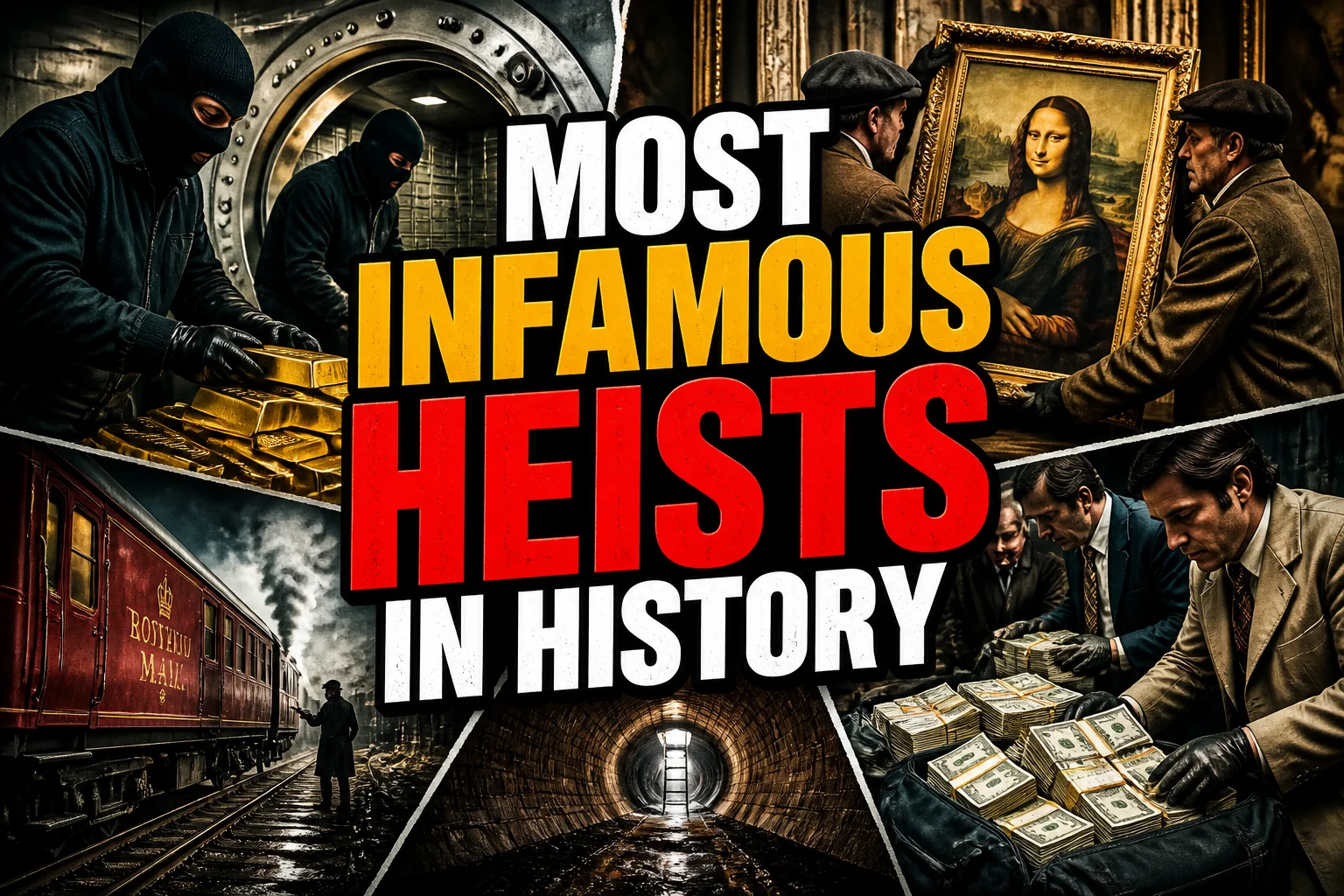 A bold, high-impact blog featured image in the style of a professional YouTube thumbnail or documentary poster. Create a dramatic photo-collage montage of 3-5 distinct historical scenes, subjects, or artifacts directly relevant to "Most Infamous Heists Throughout History" — vivid, cinematic documentary-photography style, rich color grading, high contrast, dynamic diagonal composition blending the scenes together. Overlay a large, bold, stacked headline of text on top reading exactly: "MOST INFAMOUS HEISTS IN HISTORY". Render the headline in a heavy, condensed, high-contrast font with a black outline/stroke for legibility, mixing white text with a single vibrant accent color (gold, red, or orange) on the most important word or phrase for emphasis, spelled correctly. The headline text must be the dominant visual element — large, bold, and easy to read even at small thumbnail size. Vibrant, punchy, professional commercial photography and graphic-design composition. 16:9 landscape. Keep the headline text within the vertical center safe zone, away from the very top and bottom edges of the frame, since the image may be cropped afterward. No watermarks, no logos, no extra captions or invented text beyond the headline itself.