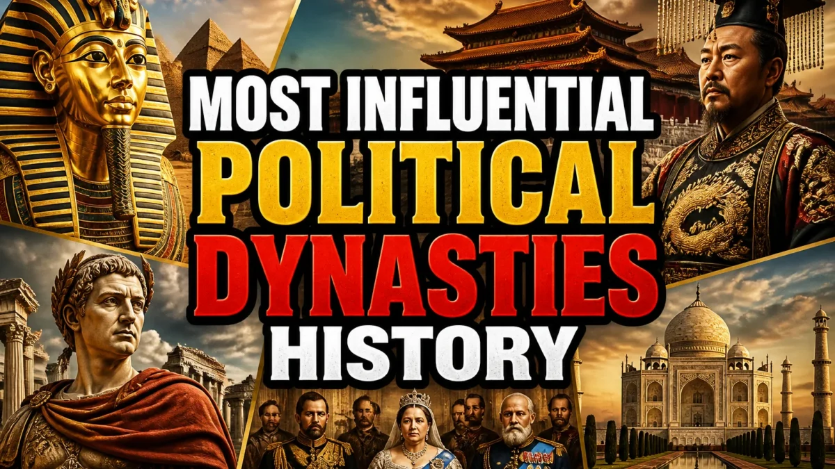 A bold, high-impact blog featured image in the style of a professional YouTube thumbnail or documentary poster. Create a dramatic photo-collage montage of 3-5 distinct historical scenes, subjects, or artifacts directly relevant to "Most Influential Political Dynasties Throughout History" — vivid, cinematic documentary-photography style, rich color grading, high contrast, dynamic diagonal composition blending the scenes together. Overlay a large, bold, stacked headline of text on top reading exactly: "MOST INFLUENTIAL POLITICAL DYNASTIES HISTORY". Render the headline in a heavy, condensed, high-contrast font with a black outline/stroke for legibility, mixing white text with a single vibrant accent color (gold, red, or orange) on the most important word or phrase for emphasis, spelled correctly. The headline text must be the dominant visual element — large, bold, and easy to read even at small thumbnail size. Vibrant, punchy, professional commercial photography and graphic-design composition. 16:9 landscape. Keep the headline text within the vertical center safe zone, away from the very top and bottom edges of the frame, since the image may be cropped afterward. No watermarks, no logos, no extra captions or invented text beyond the headline itself.