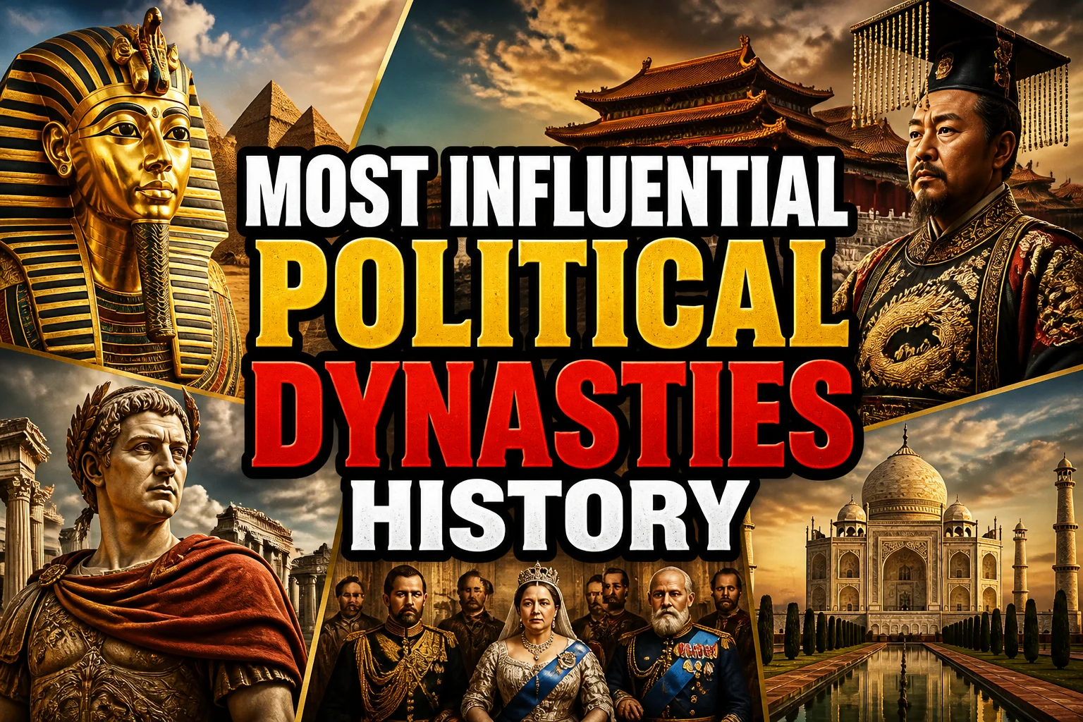 A bold, high-impact blog featured image in the style of a professional YouTube thumbnail or documentary poster. Create a dramatic photo-collage montage of 3-5 distinct historical scenes, subjects, or artifacts directly relevant to "Most Influential Political Dynasties Throughout History" — vivid, cinematic documentary-photography style, rich color grading, high contrast, dynamic diagonal composition blending the scenes together. Overlay a large, bold, stacked headline of text on top reading exactly: "MOST INFLUENTIAL POLITICAL DYNASTIES HISTORY". Render the headline in a heavy, condensed, high-contrast font with a black outline/stroke for legibility, mixing white text with a single vibrant accent color (gold, red, or orange) on the most important word or phrase for emphasis, spelled correctly. The headline text must be the dominant visual element — large, bold, and easy to read even at small thumbnail size. Vibrant, punchy, professional commercial photography and graphic-design composition. 16:9 landscape. Keep the headline text within the vertical center safe zone, away from the very top and bottom edges of the frame, since the image may be cropped afterward. No watermarks, no logos, no extra captions or invented text beyond the headline itself.
