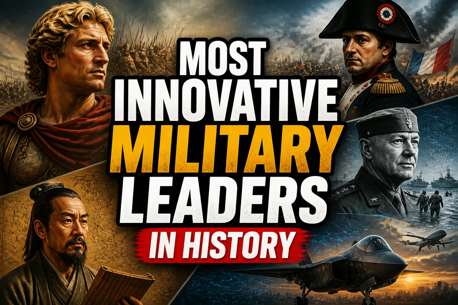 A bold, high-impact blog featured image in the style of a professional YouTube thumbnail or documentary poster. Create a dramatic photo-collage montage of 3-5 distinct historical scenes, subjects, or artifacts directly relevant to "Most Innovative Military Leaders in History" — vivid, cinematic documentary-photography style, rich color grading, high contrast, dynamic diagonal composition blending the scenes together. Overlay a large, bold, stacked headline of text on top reading exactly: "MOST INNOVATIVE MILITARY LEADERS IN HISTORY". Render the headline in a heavy, condensed, high-contrast font with a black outline/stroke for legibility, mixing white text with a single vibrant accent color (gold, red, or orange) on the most important word or phrase for emphasis, spelled correctly. The headline text must be the dominant visual element — large, bold, and easy to read even at small thumbnail size. Vibrant, punchy, professional commercial photography and graphic-design composition. 16:9 landscape. Keep the headline text within the vertical center safe zone, away from the very top and bottom edges of the frame, since the image may be cropped afterward. No watermarks, no logos, no extra captions or invented text beyond the headline itself.