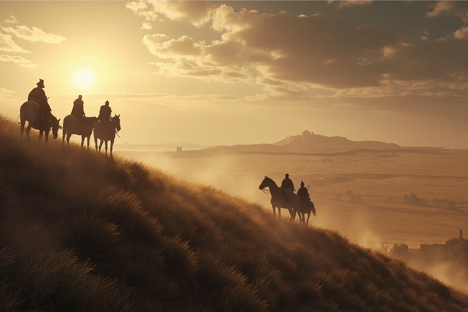 Most Peaceful Periods In History: The 10 Most Chaotic Eras That Broke The Calm 9 Mounted Mongol horsemen on an open steppe ridge overlooking a distant walled city, dust and low sun, dramatic wide composition, historical illustration style