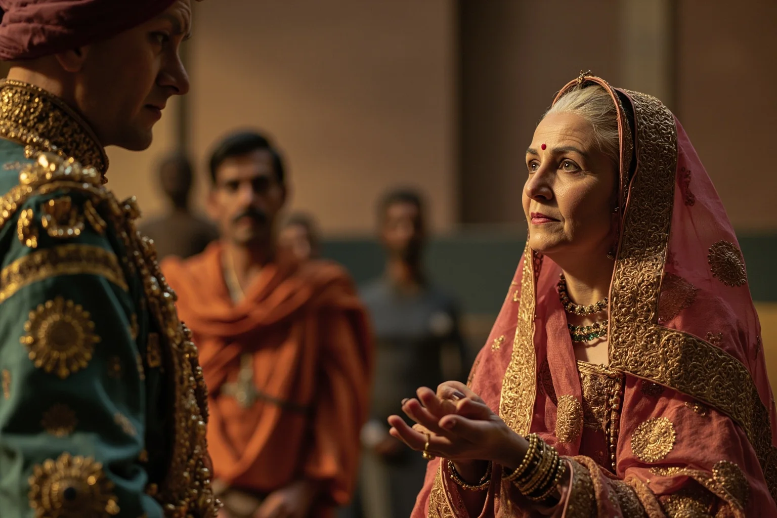 Mughal empress advising a court official, no specific historical figures