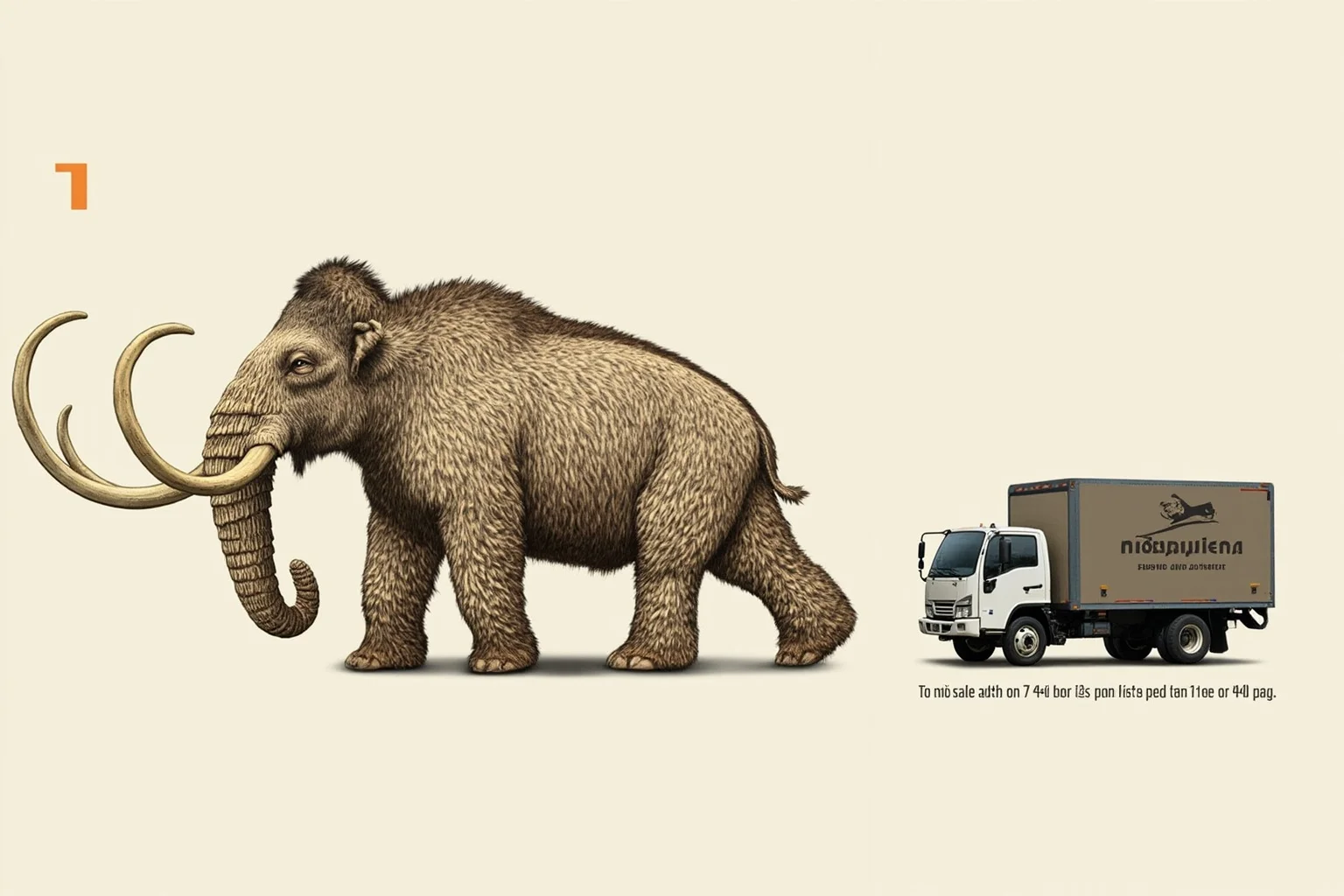 Museum-style illustration of a woolly mammoth next to a small delivery truck on a giant scale, illustrating its four-to-six-tonne weight.