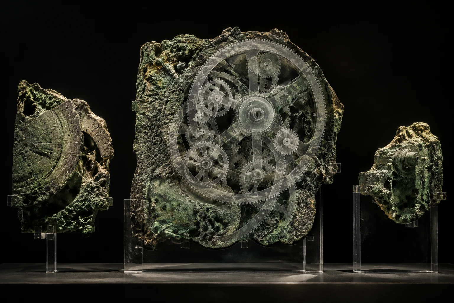 23 Historical Finds That Reveal Advanced Ancient Civilizations 9 Museum-style photograph of the corroded bronze Antikythera Mechanism fragments with a translucent overlay showing the interlocking gear train, dark background, dramatic lighting, no people.