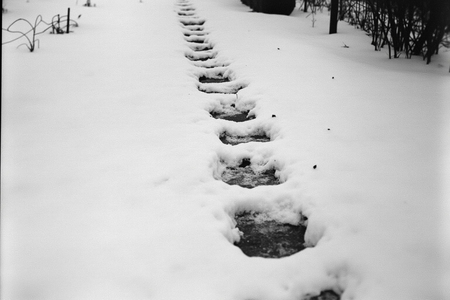 Mysterious hoof-like footprints in snow, Devon, England, 1855, row of prints across rooftops, photorealistic