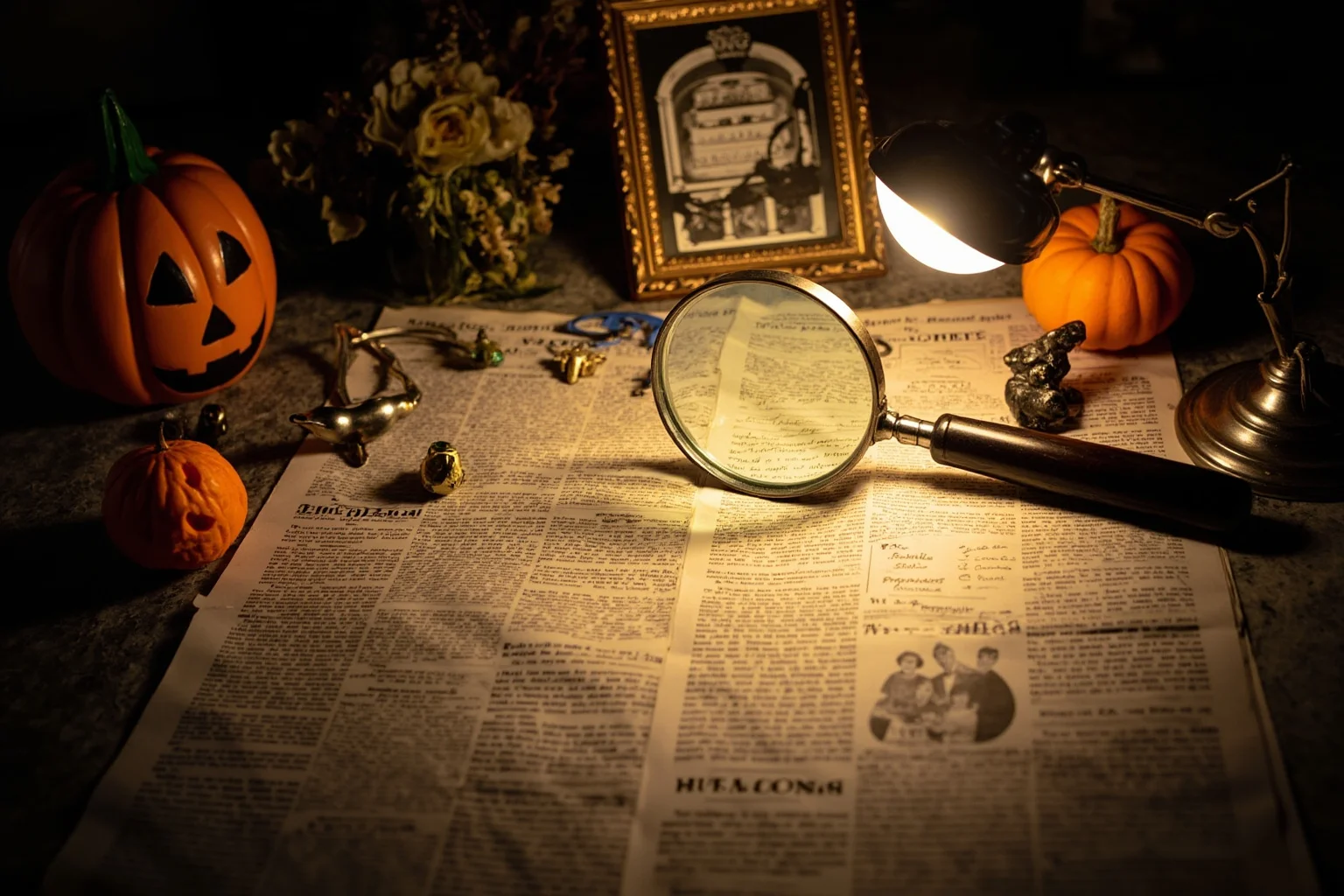 Myth-busting themed illustration of a magnifying glass over old Halloween newspaper clippings and vintage decorations, warm desk lamp light, no text