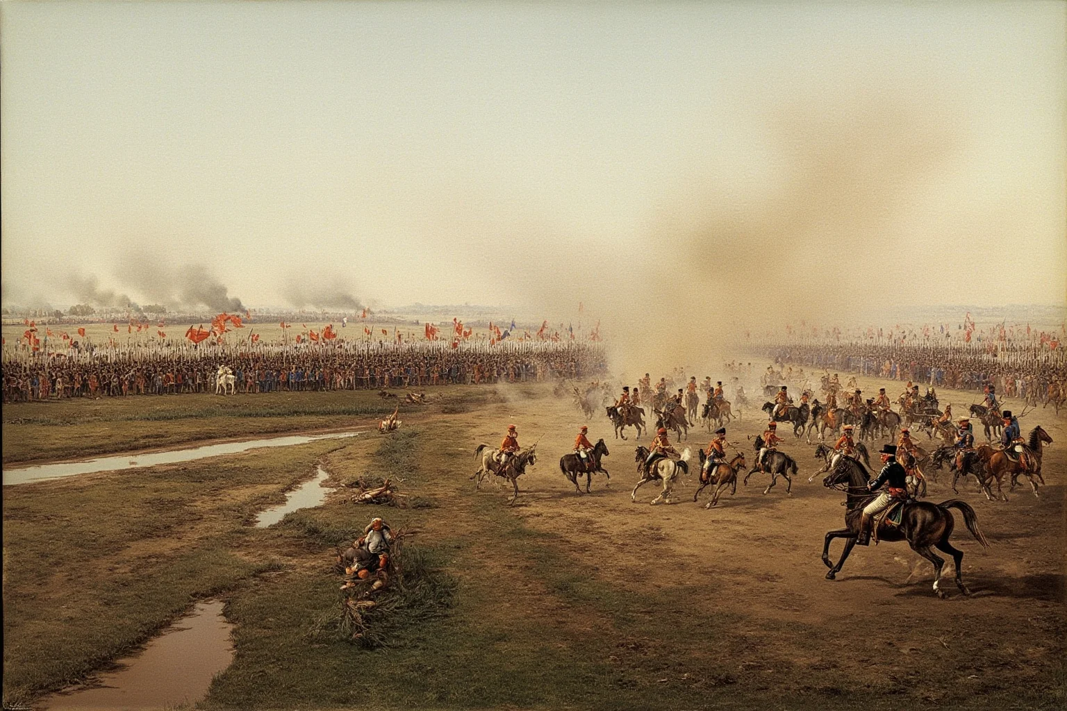 25 Epic Battles of History: The Greatest Clashes That Shaped Our World 24 Napoleonic cavalry charges and infantry squares at the Battle of Waterloo, 1815, muddy fields and smoke, historical illustration