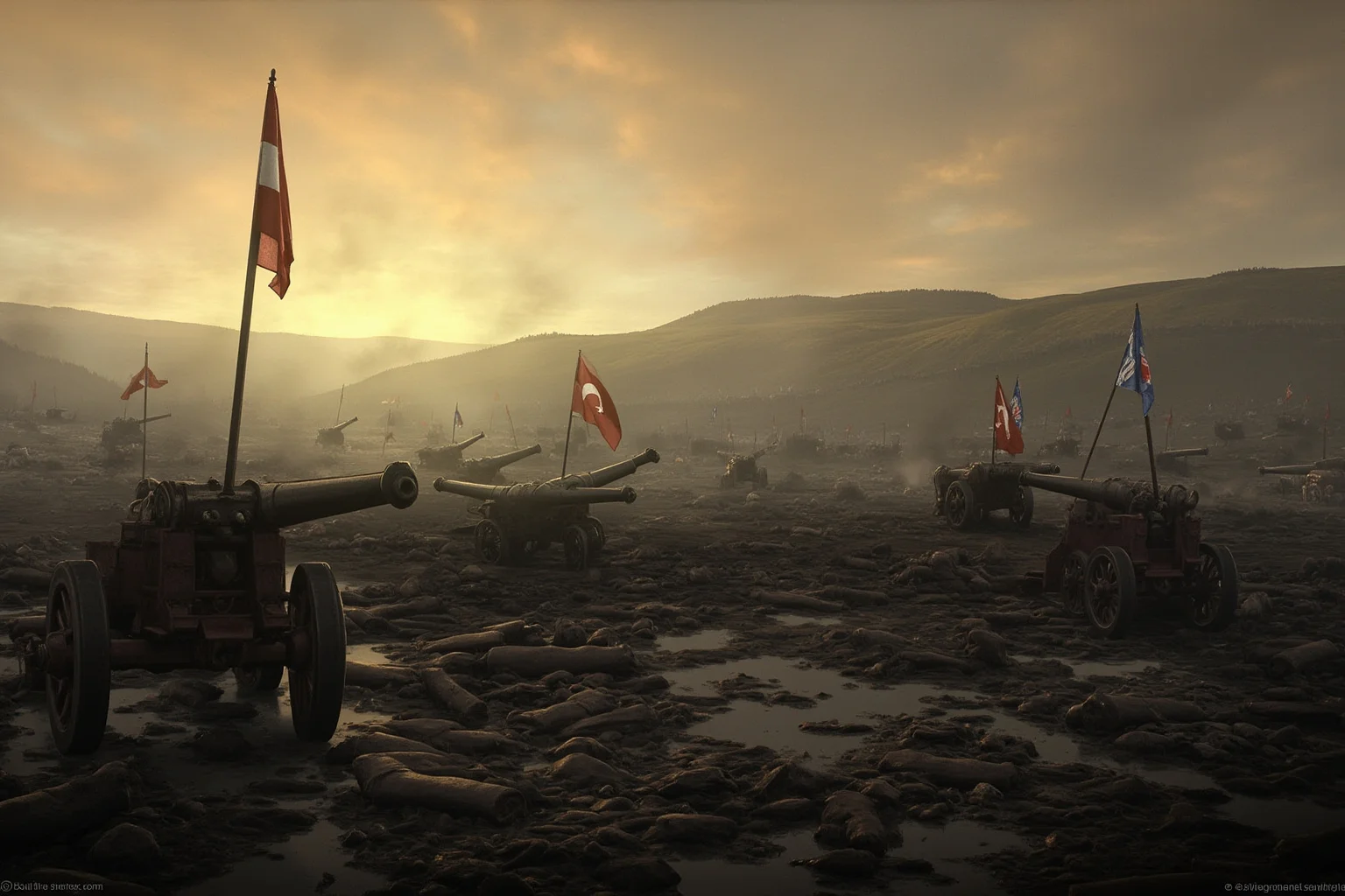 Most Peaceful Periods In History: The 10 Most Chaotic Eras That Broke The Calm 11 Napoleonic-era European battlefield aftermath at dawn, abandoned cannons and torn flags in mud, mist over rolling hills, somber historical illustration style