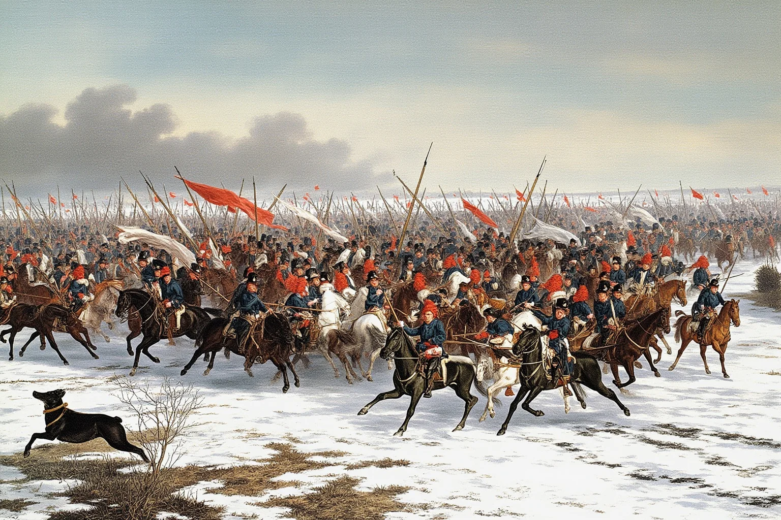 25 Epic Battles of History: The Greatest Clashes That Shaped Our World 23 Napoleonic French infantry and cavalry attacking Allied lines across frozen ground at the Battle of Austerlitz, 1805, historical illustration