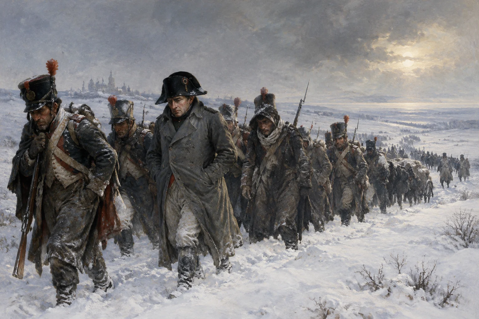 Napoleonic soldiers trudging through deep snow in a vast Russian landscape, faded uniforms and weary faces, somber historical painting
