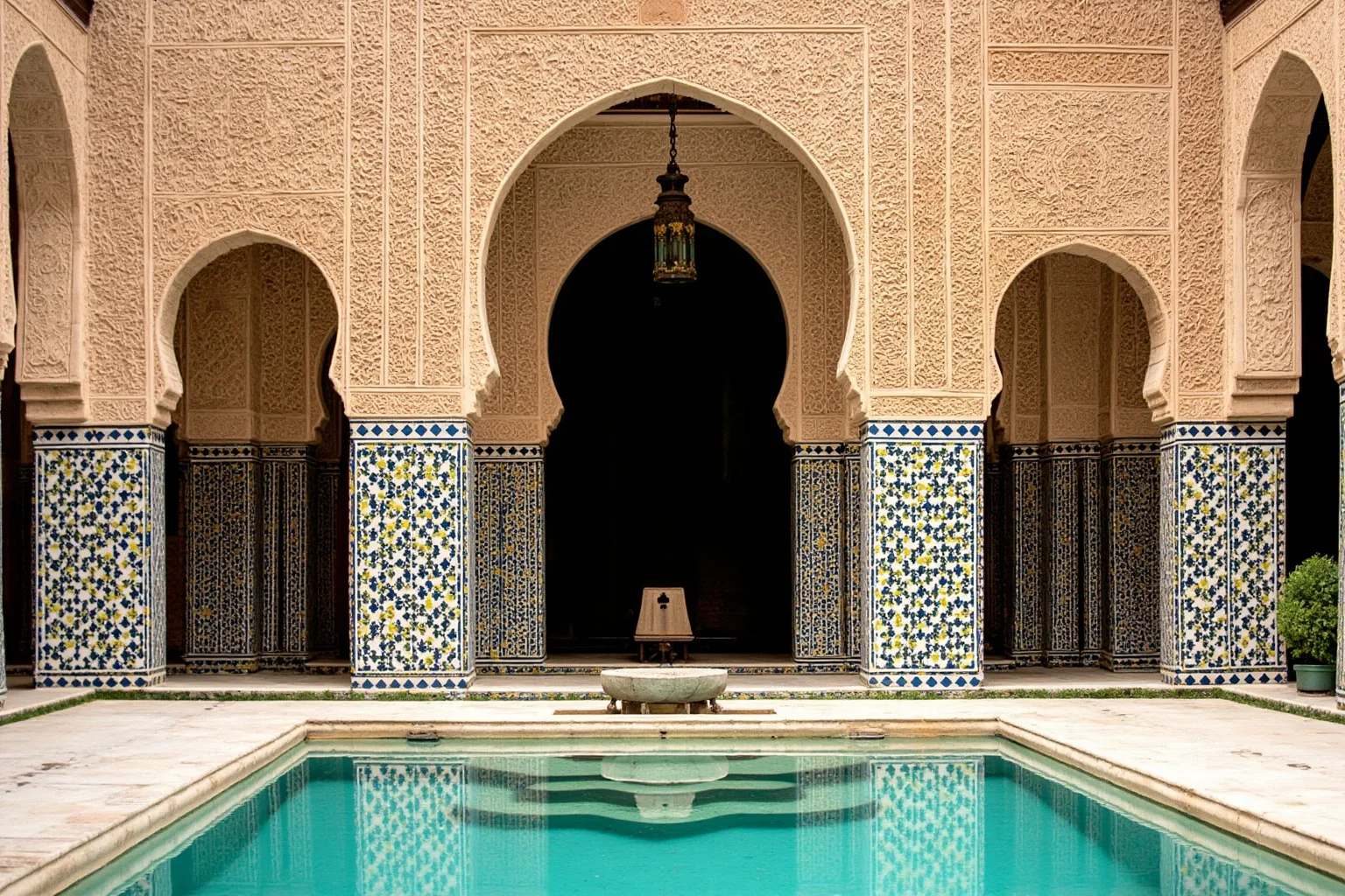Nasrid tilework and a reflecting pool in the Court of the Myrtles at the Alhambra, Granada
