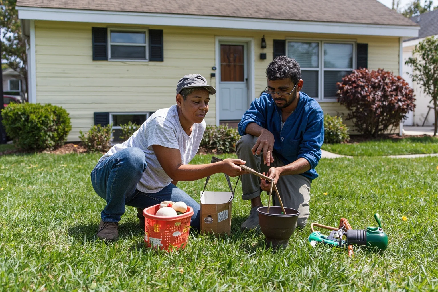 Neighbors sharing tools and food in a front yard, depicting community mutual aid.