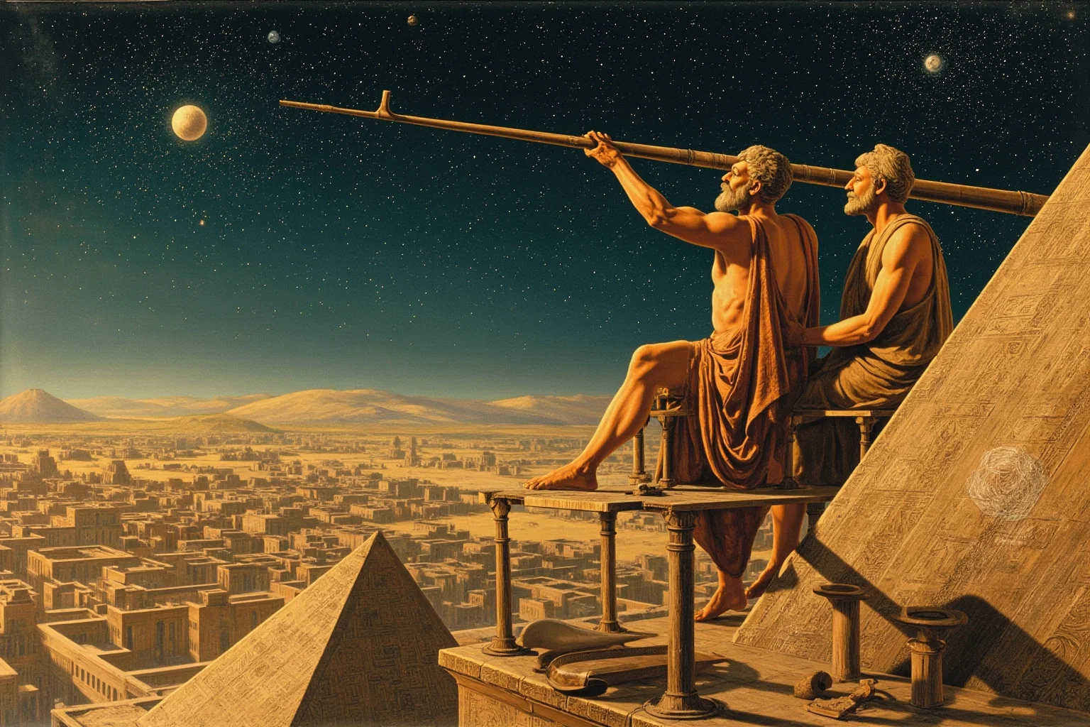 The Fertile Crescent: 20 Ancient Civilizations That Started Society As We Know It 6 Neo-Babylonian astronomers on a ziggurat observing stars over the city, ancient instruments and clay charts.