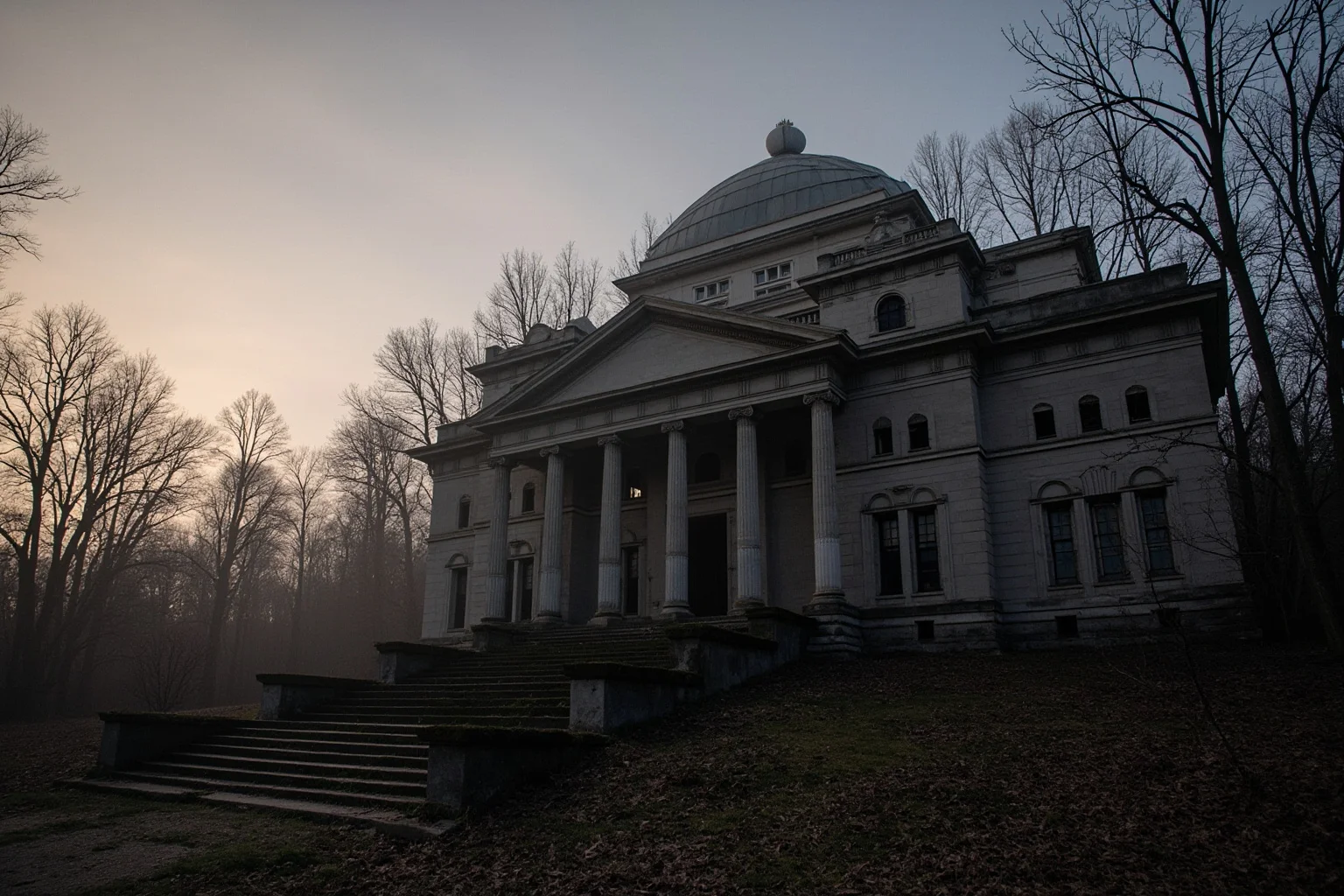 Neoclassical domed asylum building with columns and mossy steps at dawn, abandoned grounds, bare trees, soft fog, no people, photorealistic.