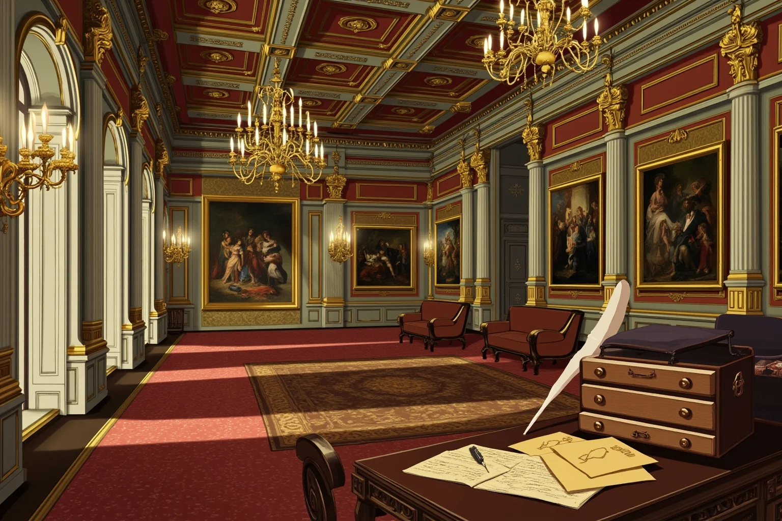 Neoclassical Russian palace interior with a gallery of paintings, ornate chandeliers and a desk with letters and a quill, illustrated style