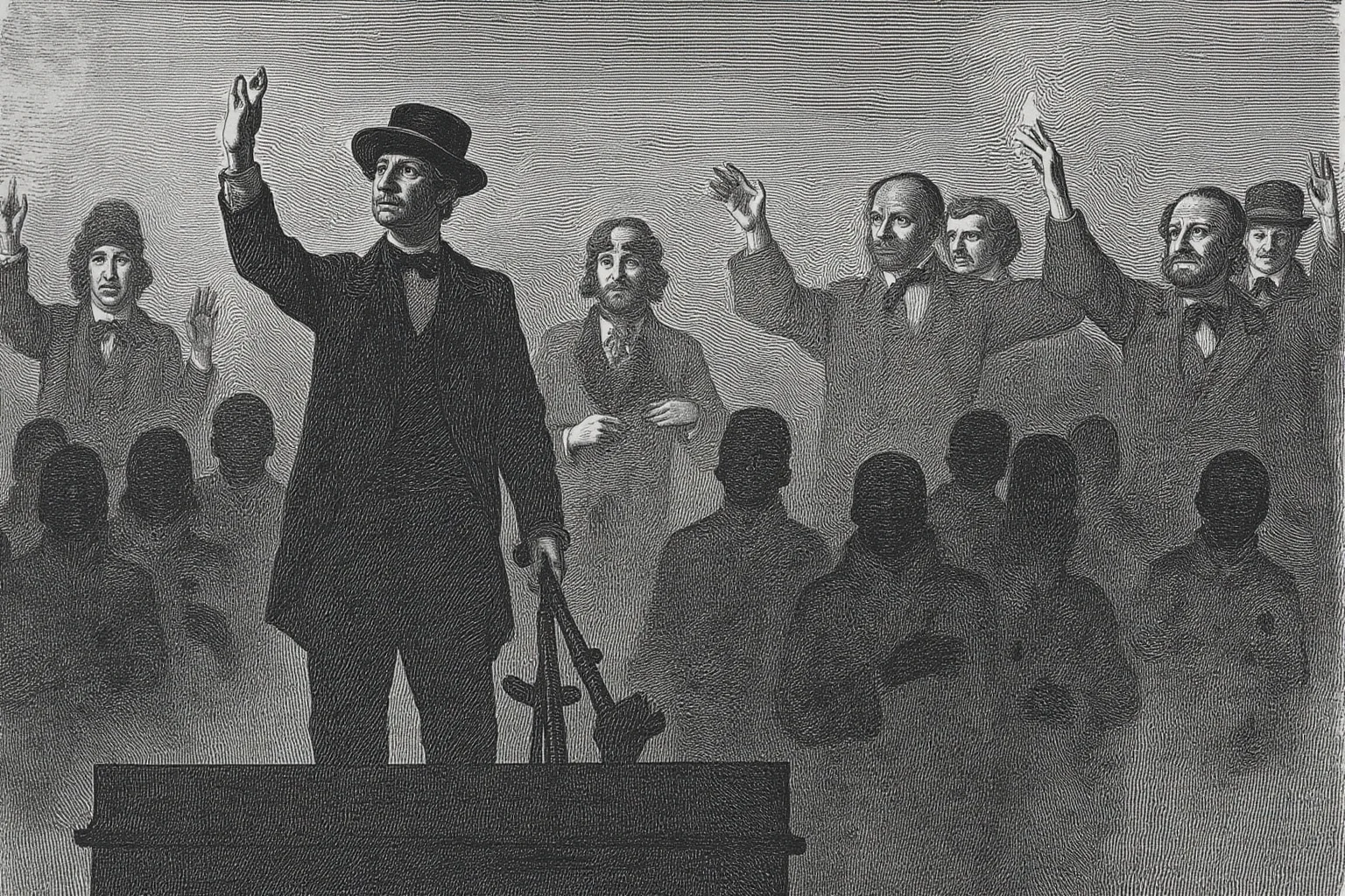 Nineteenth-century American presidential inauguration with a shadowy curse motif, vintage engraving look