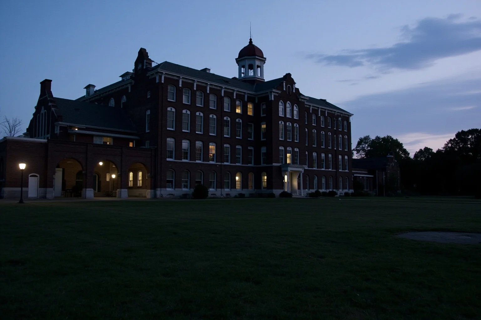 Nineteenth-century brick hospital with a cupola and arched windows, empty lawn, distant trees, soft twilight, no people, photorealistic.
