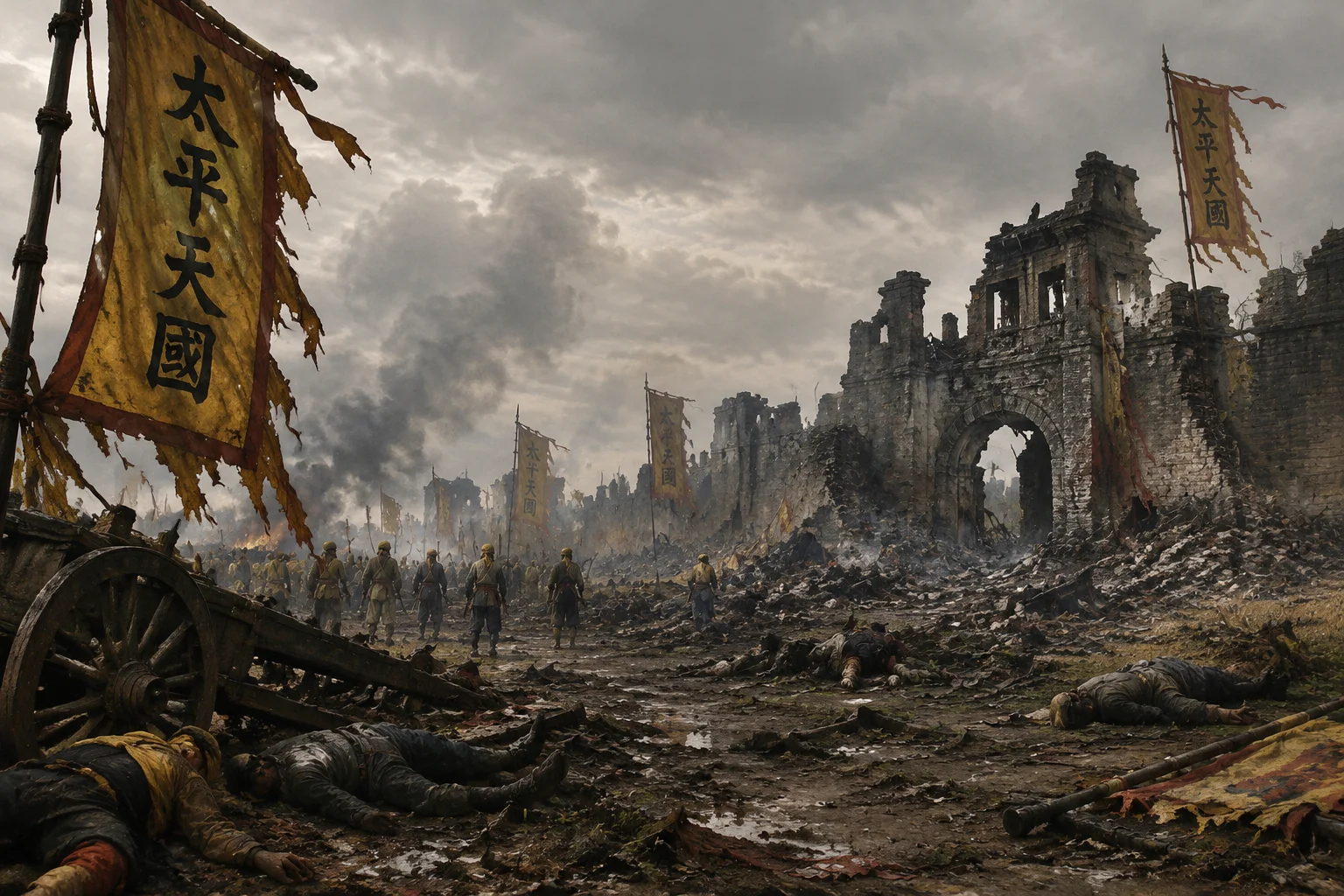 The Single Worst Time Period in Human History? What the Evidence Actually Shows 21 Nineteenth-century Chinese battlefield of the Taiping Rebellion, ruined walls and banners, muted earthy tones.