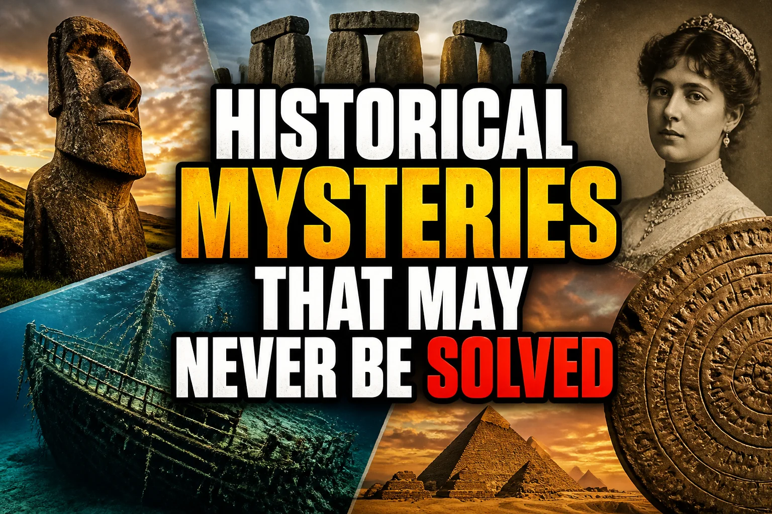 A bold, high-impact blog featured image in the style of a professional YouTube thumbnail or documentary poster. Create a dramatic photo-collage montage of 3-5 distinct historical scenes, subjects, or artifacts directly relevant to "No Answers in Sight: 20 Historical Mysteries That May Never Be Solved" — vivid, cinematic documentary-photography style, rich color grading, high contrast, dynamic diagonal composition blending the scenes together. Overlay a large, bold, stacked headline of text on top reading exactly: "HISTORICAL MYSTERIES THAT MAY NEVER BE SOLVED". Render the headline in a heavy, condensed, high-contrast font with a black outline/stroke for legibility, mixing white text with a single vibrant accent color (gold, red, or orange) on the most important word or phrase for emphasis, spelled correctly. The headline text must be the dominant visual element — large, bold, and easy to read even at small thumbnail size. Vibrant, punchy, professional commercial photography and graphic-design composition. 16:9 landscape. Keep the headline text within the vertical center safe zone, away from the very top and bottom edges of the frame, since the image may be cropped afterward. No watermarks, no logos, no extra captions or invented text beyond the headline itself.