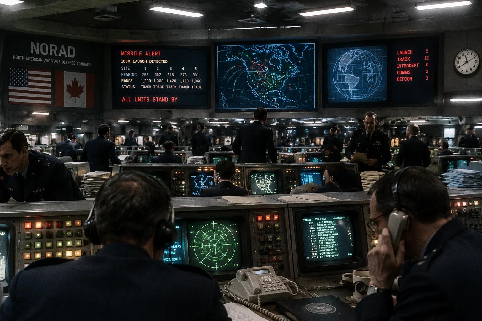 NORAD-style underground command center with blinking screens and scrambling officers, 1979 aesthetic