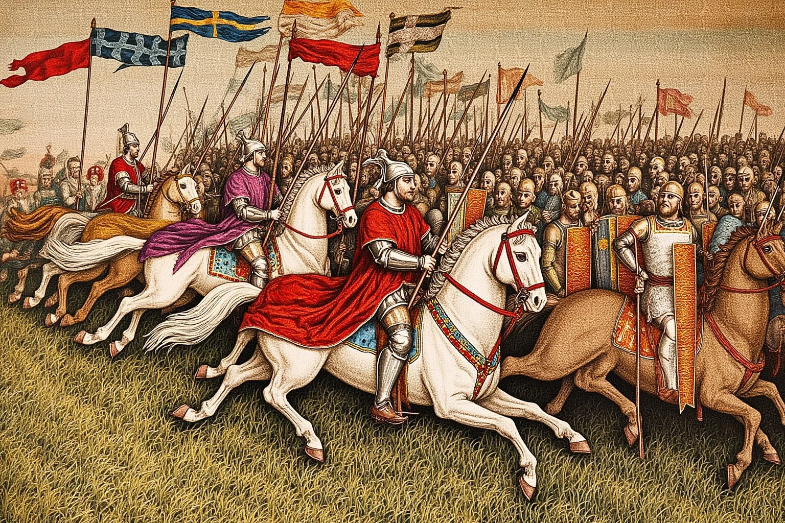 25 Epic Battles of History: The Greatest Clashes That Shaped Our World 15 Norman knights charging uphill against an English shield wall at the Battle of Hastings, embroidered tapestry-inspired style, historical illustration