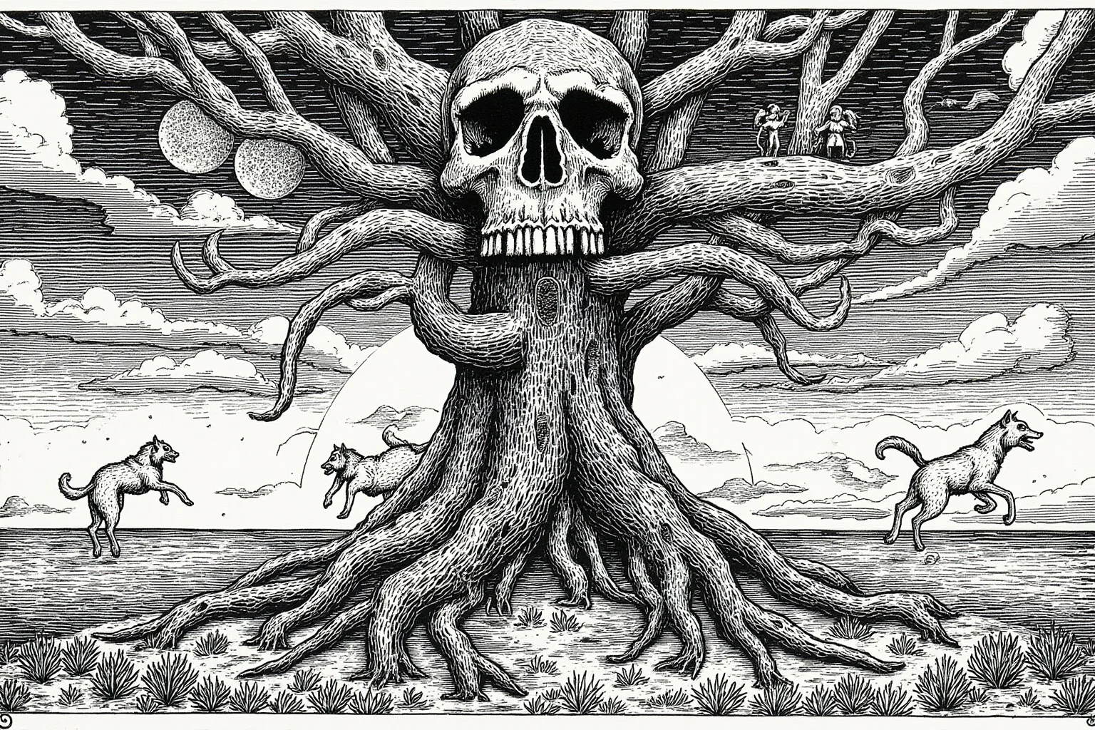 Norse Yggdrasil world tree connecting nine realms, sky as giant's skull, sun and moon chased by wolves, mythic illustration, no text.