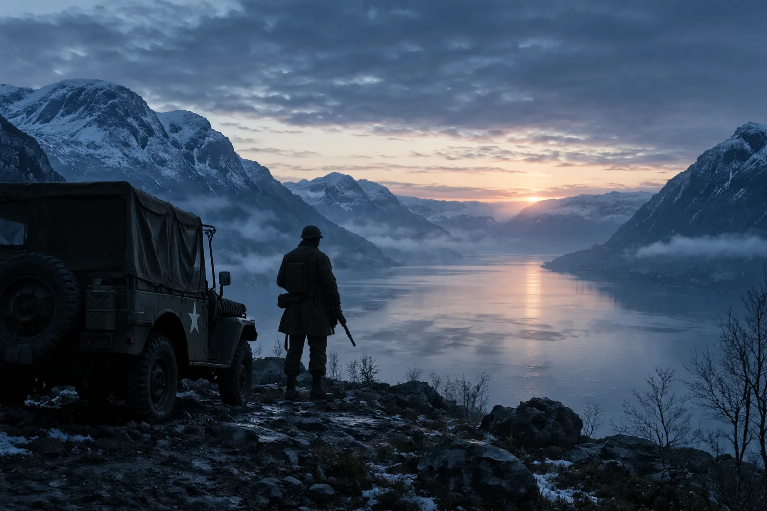 Norwegian fjord at dawn with a military vehicle and a lone figure in silhouette, cold blue tones, tense historical mood